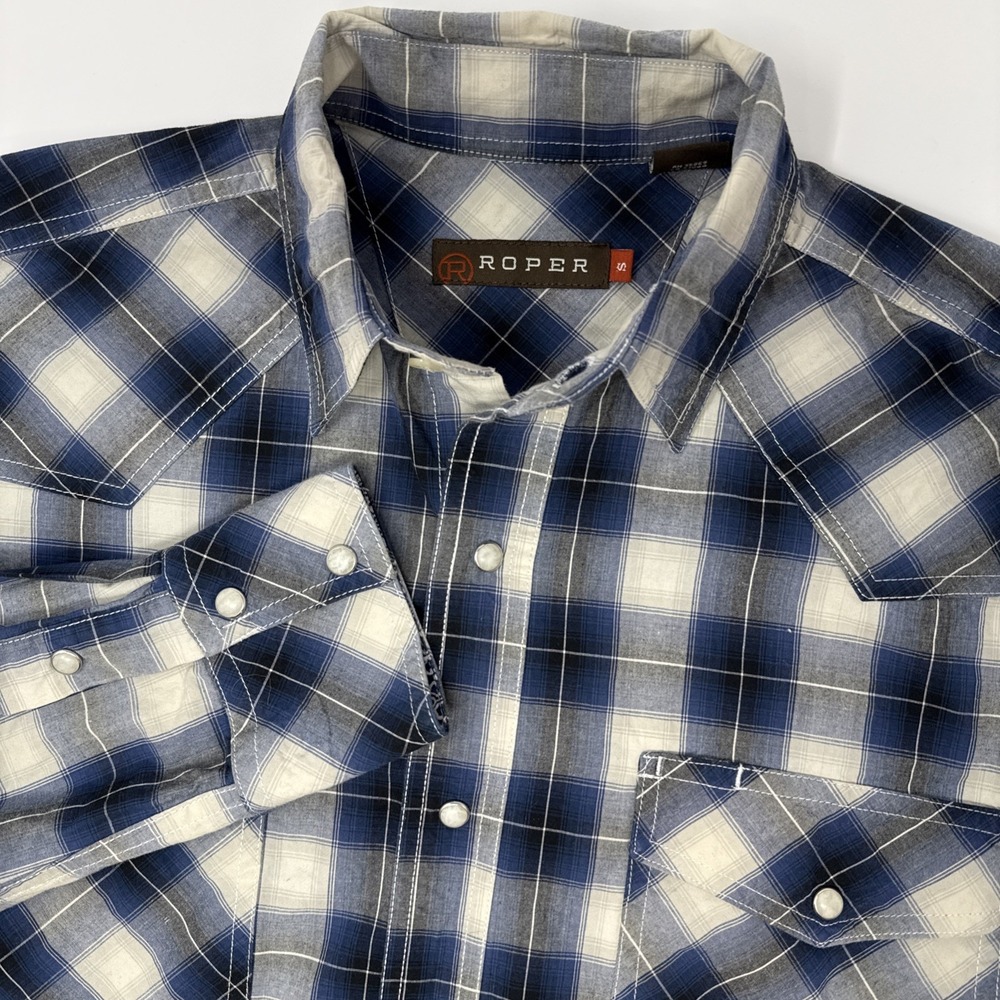 Roper Mens Blue Plaid Western Pearl Snap Long Sleeve Shirt Small